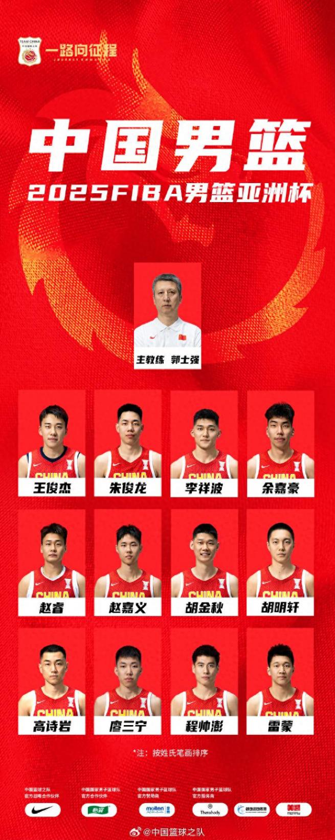 中國(guó)男籃官宣亞洲杯12人大名單