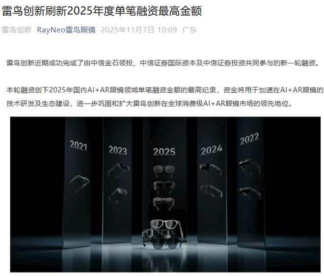 雷鳥創新創 2025 年國內 AI+AR 眼鏡單筆融資最高紀錄